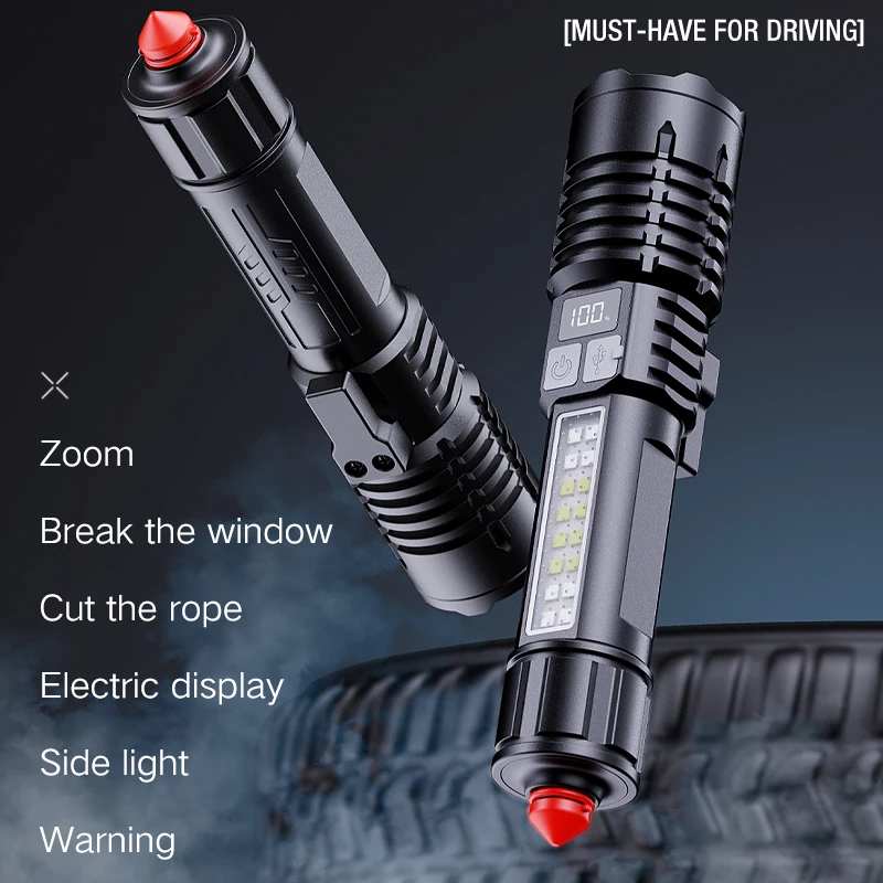 

Молоток для разбитого окна, мощный светодиодный фонарик, крючок, тактический аварийный прожектор, телескопический боковой фонарь, цифровой зум, встроенная летучая мышь