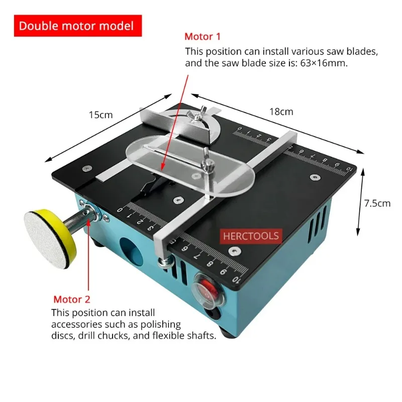 Dual-motor Mini Table Saw Desktop DIY Cutting Grinding Tools 110v-220v Saw Blade Adjustable Power Tool for Wood/PCB/Acrylic