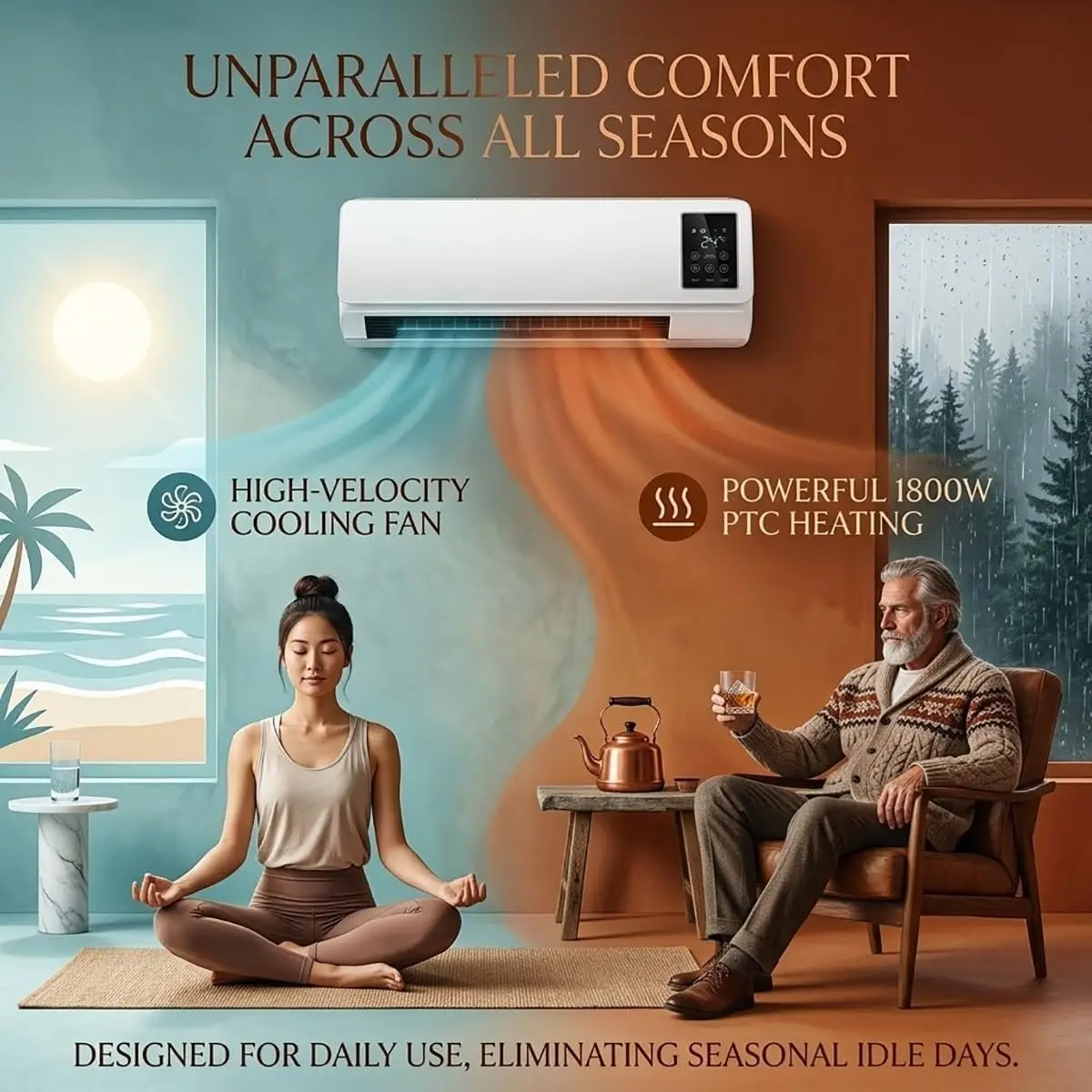 Wall Mounted Air Conditioner Fan, Smart AC Unit for Bedroom (White)| 2-in-1 Heater Cooling Combo, Ductless Mini Split Heating System, Small Portable Room AC With Remote Timer & LED Display