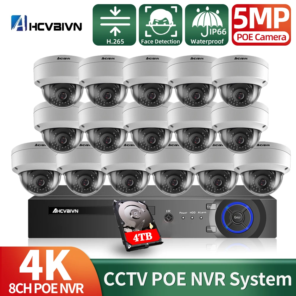 

H.265+16CH 5MP 8CH POE CCTV System NVR Kit AI Camera Face Detection Dome Waterproof Security Camera POE Video Surveillance Set