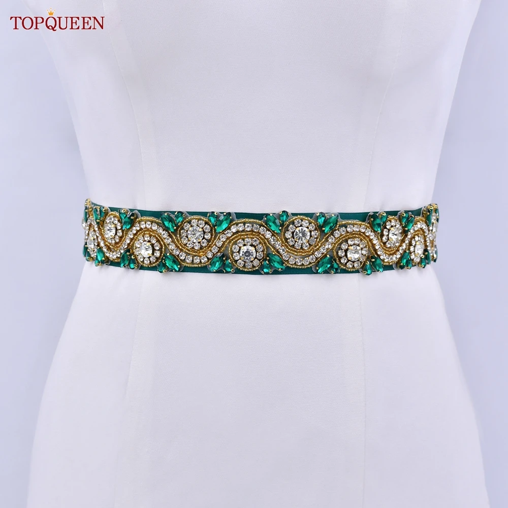 

TOPQUEEN S164 Luxury Bridal Belt for Women Green Rhinestones Diamond Wedding Party Dress Gown Female Bride Moroccan Caftan Sash