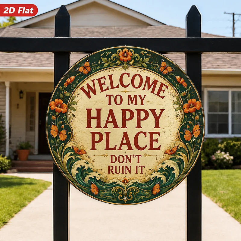 2D Flat, 1pc Welcome to My Happy Round Metal Sign Wall Art, Circular Floral Border, Home Decor, Vintage Green And Golden Palette