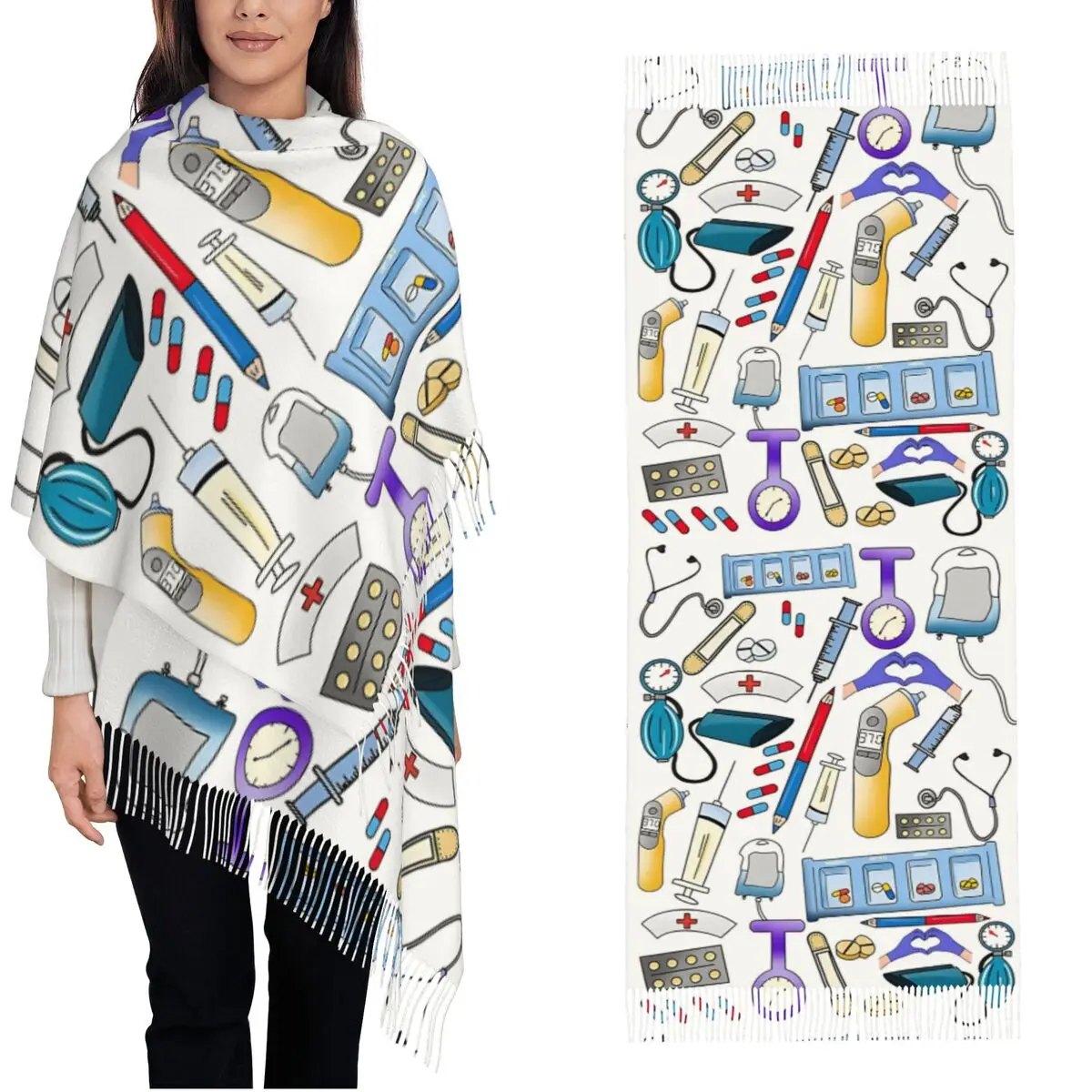 

Women Scarf Outdoor Nurse Medical Theme Cartoon Pattern Scarves Wraps with Tassel Shawl Wraps Winter Custom Bufanda Mujer