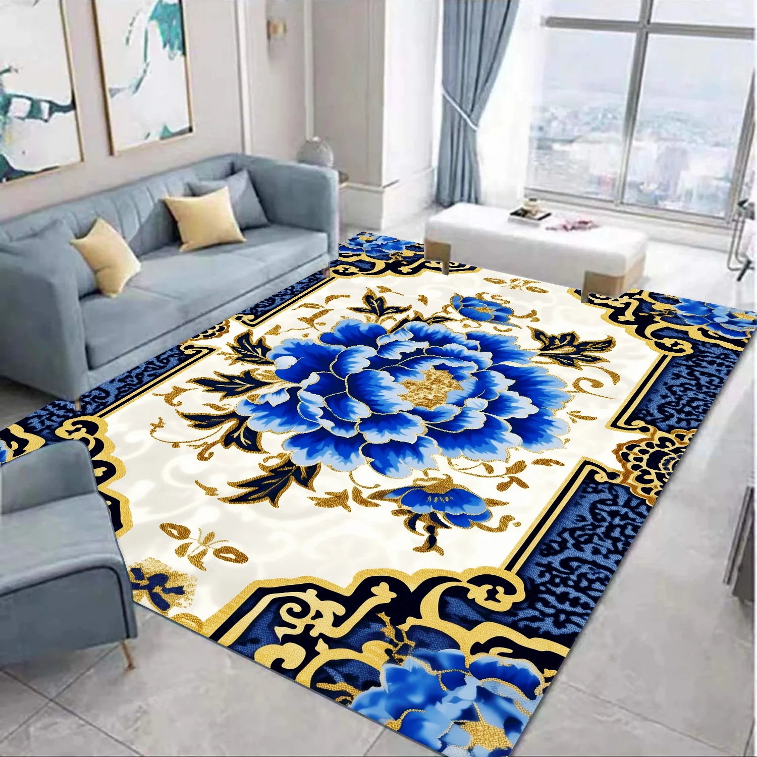 Modern Luxury Carpets for Living Room Blue Peony Decor Flower Carpet Parlor Sofa Chair Floor Mat Bedroom Bedside Lounge Rug