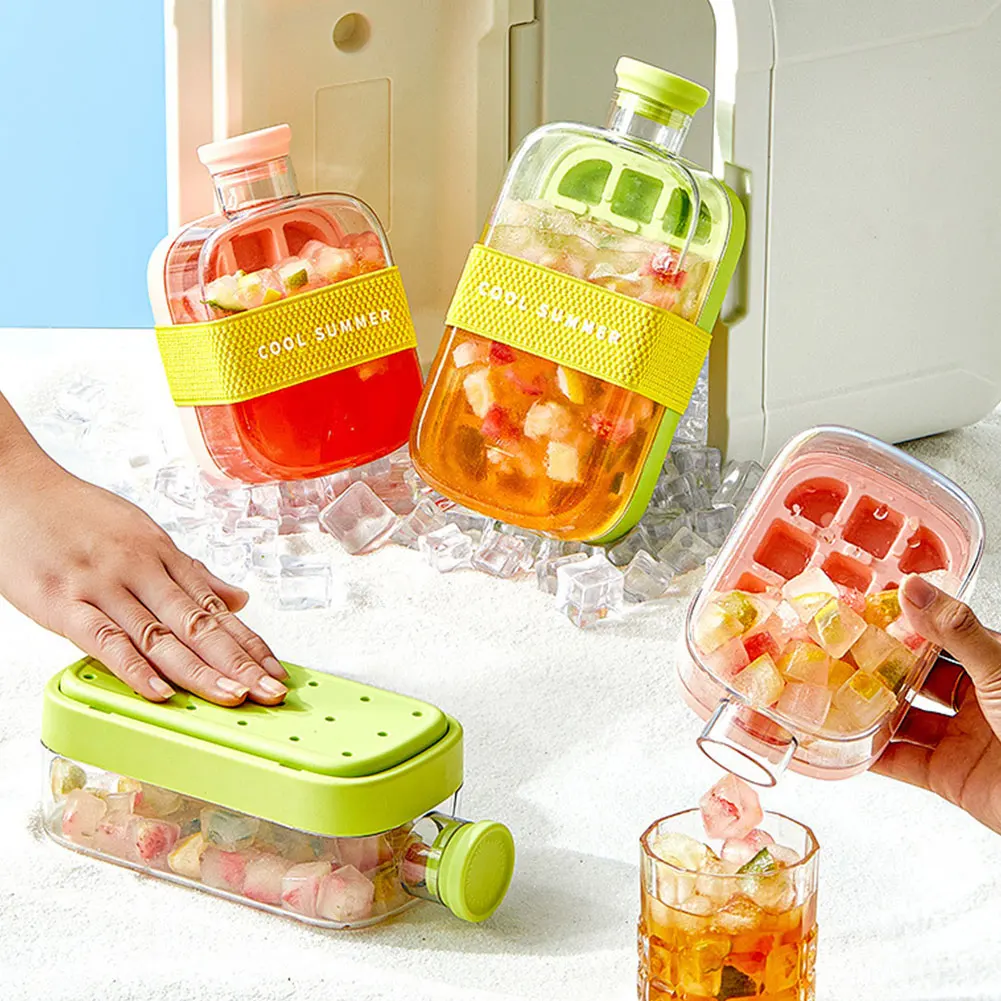 

2-in-1 Ice Mold Water Bottle with Straw Lid Portable Press Ice Maker Kettle for Freezer Ice Cubes Tray for Summer Camping Picnic