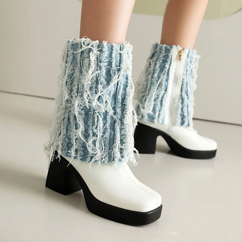 ORCHA LISA 2026 New Design Women's Mid Calf Boots Round Toe 8.5cm Block Heel 2.5cm High Platform Fabric Tassels Big Size 42 43