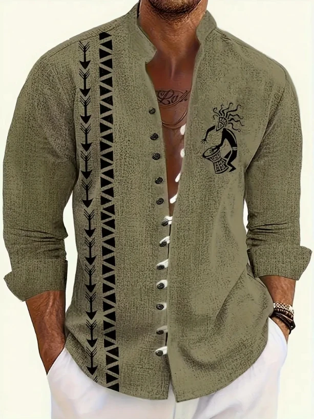 New Men's Henry Collar Linen Long Sleeve Casual Shirt Ethnic Print High Quality Top Fits Everyday