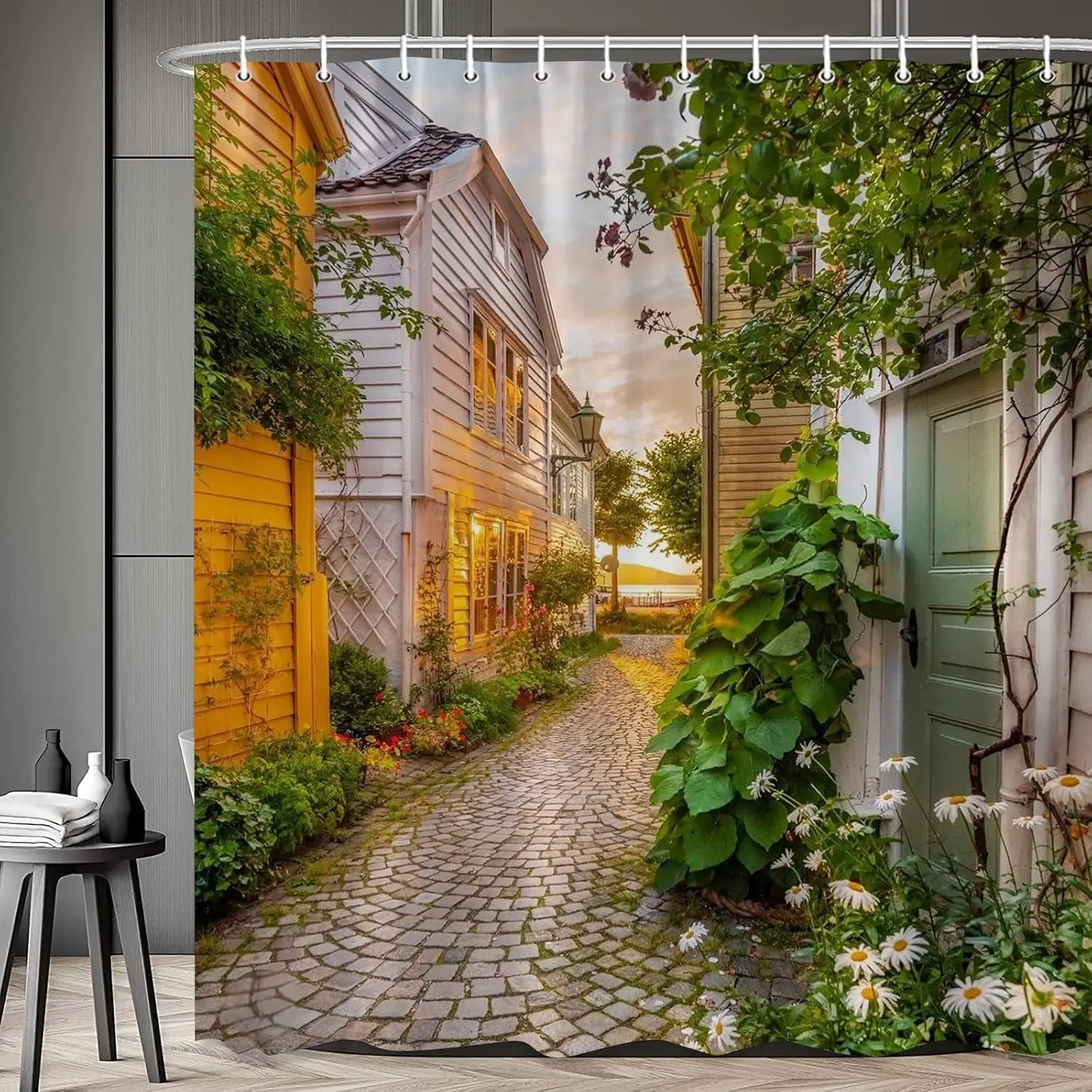 Small Town Scenery Shower Curtain Street Green Leaves Vines Flowers Plants Sky Evening Sunset Nature Scenery Bathroom Decoration