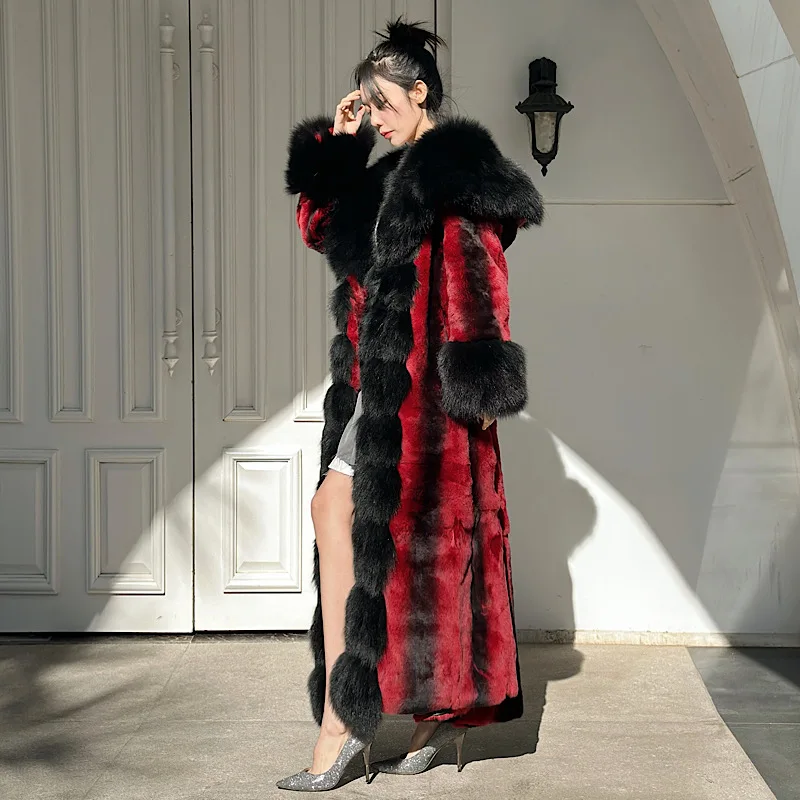 Winter Women Real Rex Rabbit Fur Coats With Fox Hooded Natural Whole Skin Genuine  Long Jackets Overcoat Fashion 2023 Women