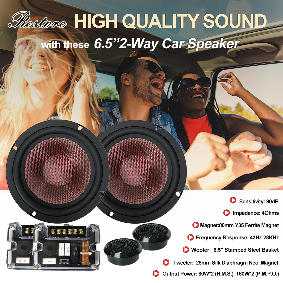 RMS 80W*2 Professional Car Speakers Unit 6.5 Inch 4 Ohms 2-way Car Component Speaker Powered Active Car Speakers ZM-YS-65206