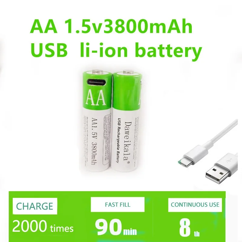 USB 1.5VAA 3800Mah Rechargeable Battery Large Capacity Type-C Fast Charging Toy/Digital Scale/Remote Control 2000 Times