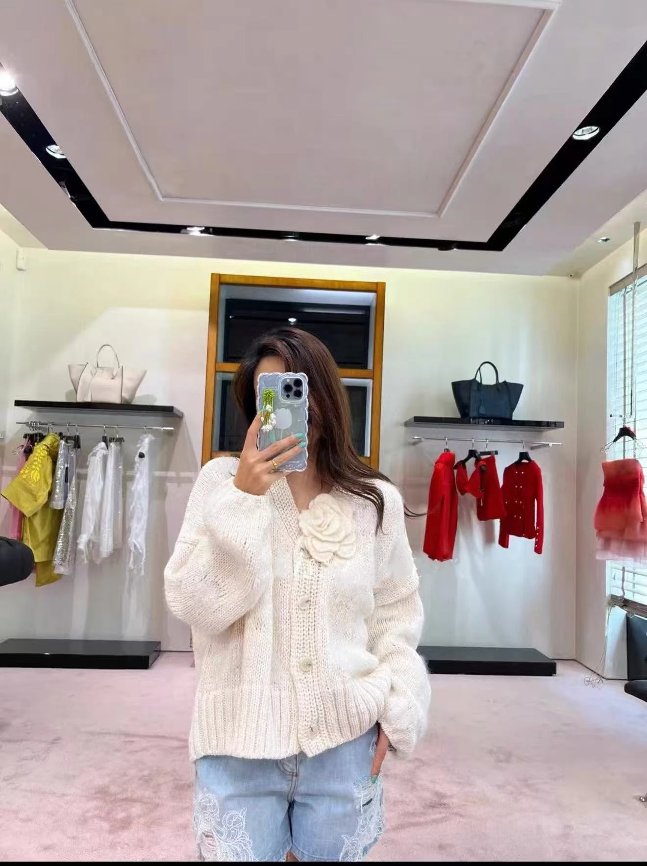Cream Mohair Wool Blend Cardigan 3D Handmade Camellia Flower Decor V Neck Loose Knit Sweater Luxury Women Casual Outerwear