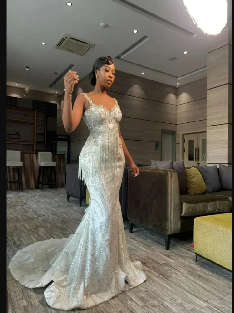 Customized Spaghetti Strap  Luxury Rhinestones Beads Mermaid  Wedding  Dress Robe De Mariée  Arabic Aso Ebi  Bridal Gown