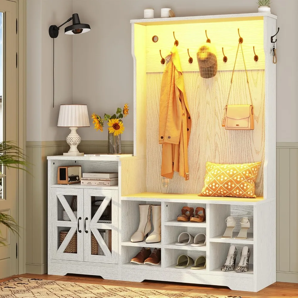 

Starjoy Hall Tree With Bench And Shoe Storage, Entryway Table, Entryway Furniture, 10 Compartments & 8 Double Hooks, Barn Door