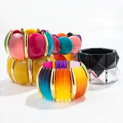 Bohemian Acrylic Multicolor Wide Cuff Bracelet for Women Boho Vintage Stretchy Bracelets Statement Bangles Wristband Jewelry