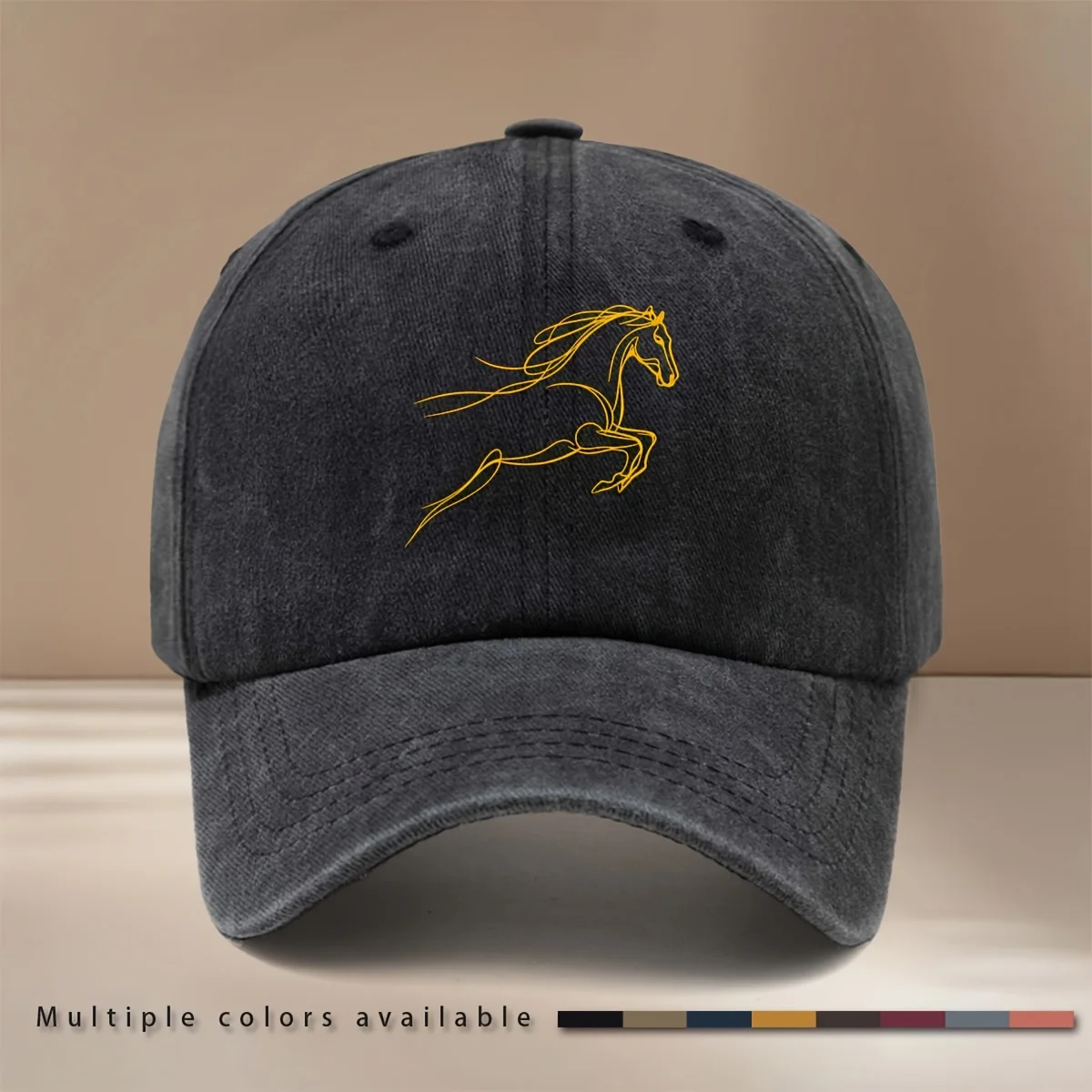 A Vintage-Style Baseball Cap Featuring a Galloping Horse Design with Golden Lines, Comfortable And Lightweight, Suitable for Bot