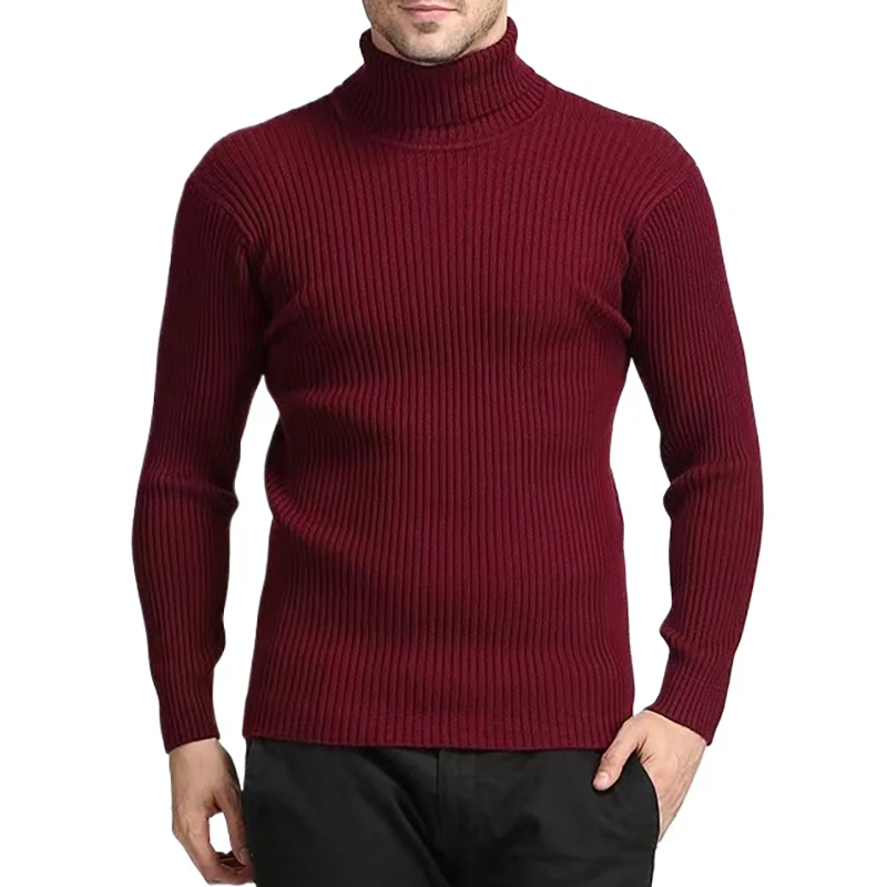 New Men\'s Turtleneck Sweaters Autumn Knitted Striped Streetwear Warm Long Sleeved Pullover Breathable Solid Color Basic Coat