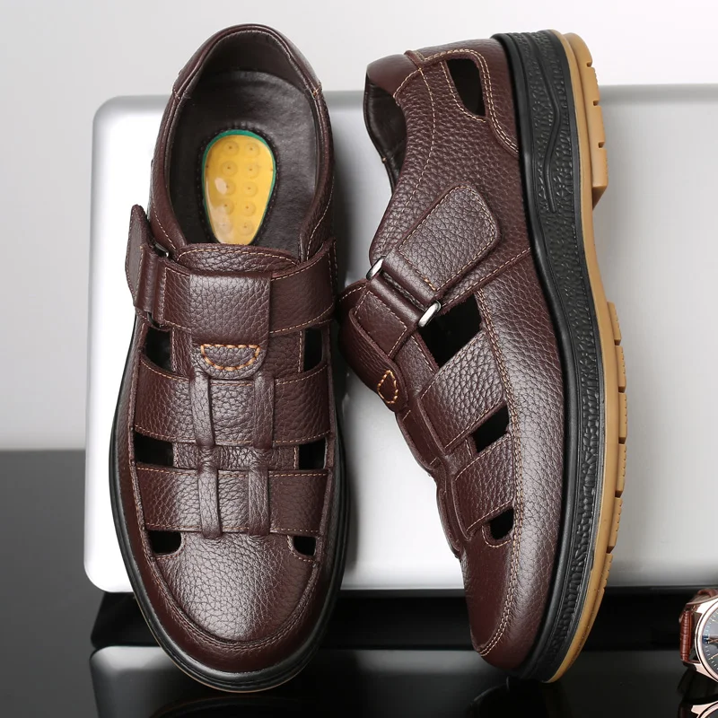 

Summer Outdoor Sandals Travel Men Casual Comfort Hollow Cowhide Sandals Breathable Men's Lightweight Man Large Size Beach Shoes