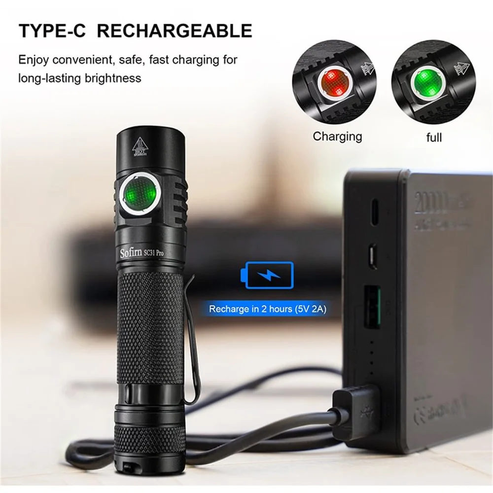 Sofirn SP31 V3.0 (groen) tactische zaklamp, 1200 lm, EDC-zaklamp met frequentieomzettingsflits, 5000K, USB-C en IPX8, mini-zaklamp geschikt voor incidentele reizen