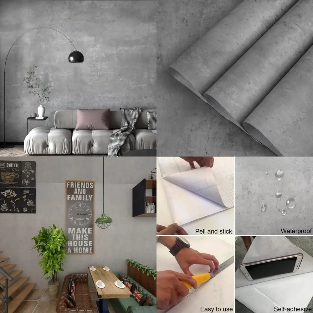 ورق جدران قابل للتقشير واللصق المقاوم للماء من الخرسانة الرمادية، لمسة نهائية غير لامعة، 24 × 708 بوصة، لاصق سميك، مظهر أسمنتي رمادي