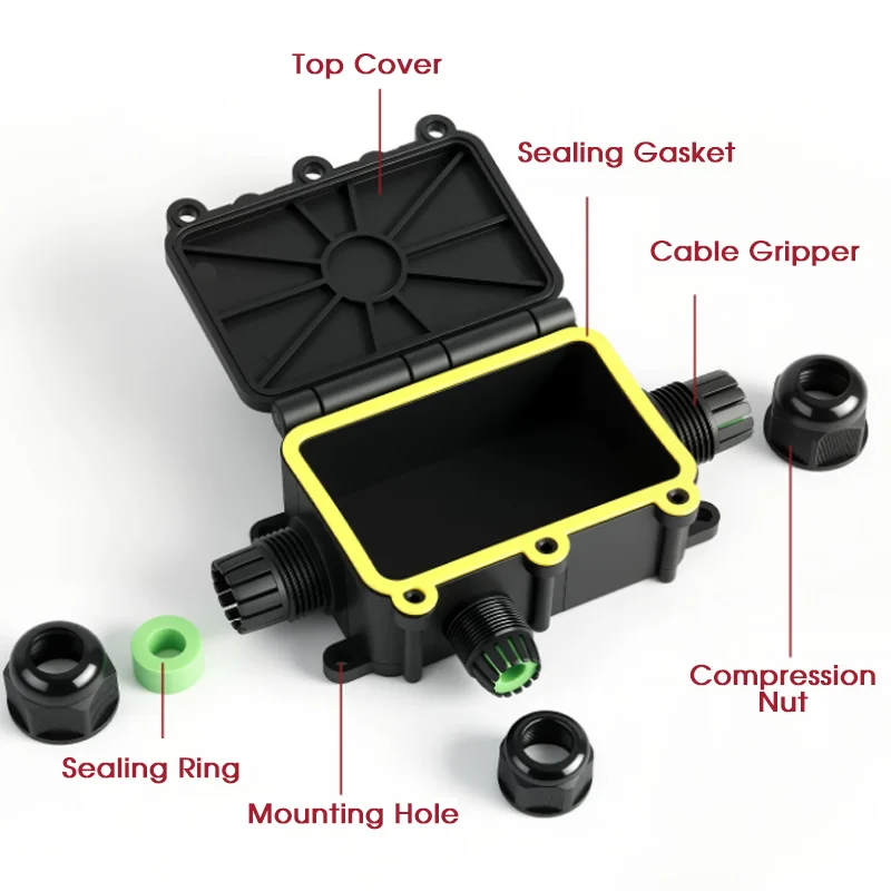 Electrical Cable Connector IP68 Waterproof Junction Box 4 In 4 Out Outdoor Built In Terminals M16 M20 6 Cable Glands KV-M2068-4H