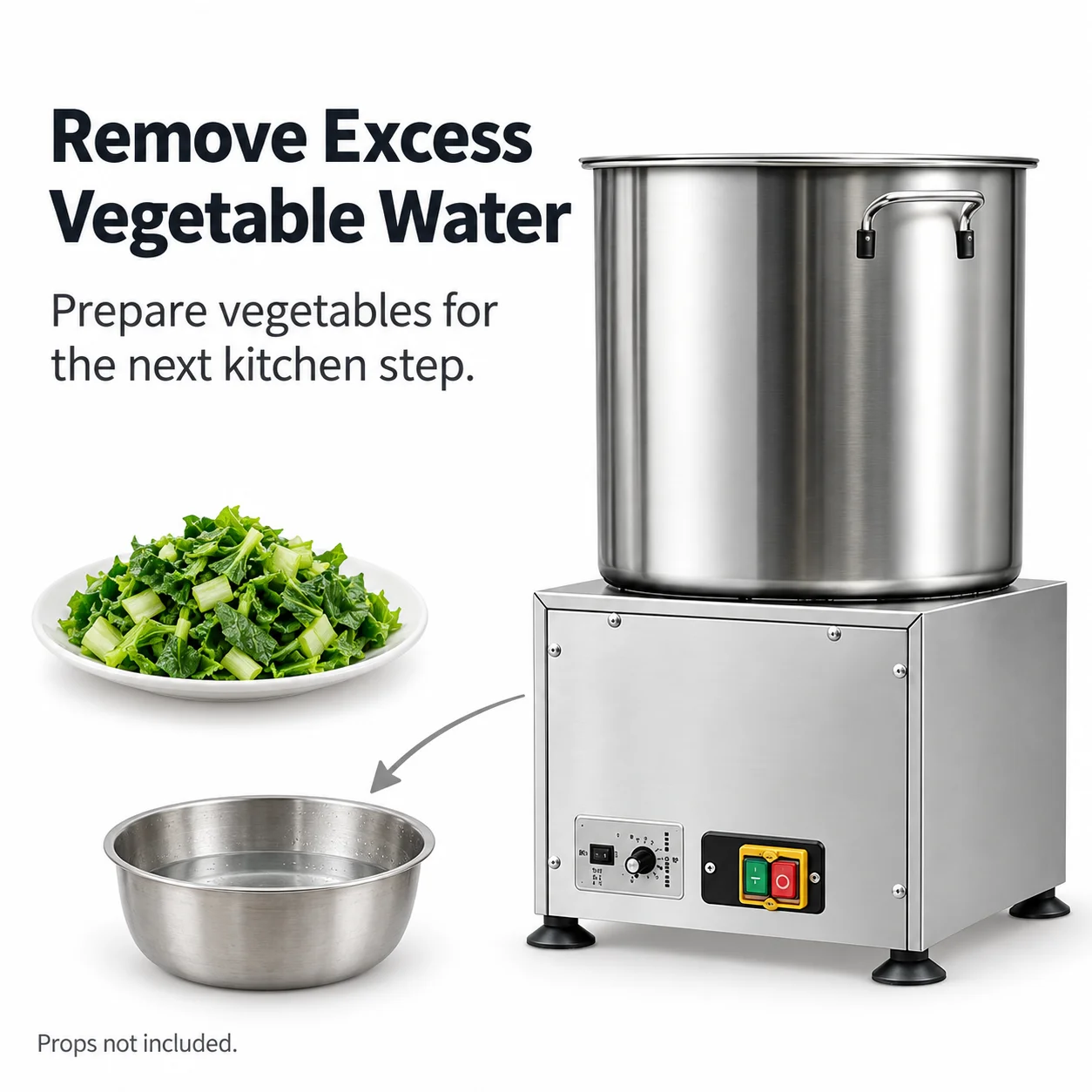 Vegetable Spin Dryer with Electric Drive, Perforated Basket and Side Drain for Restaurant Kitchens, Centrifugal Water Removal