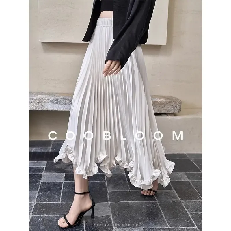 

New Autumn Elegant Skirt Women Pleated A-Line High Waist Asymmetric Ruffles Fashion Party Midi Skirts Solid Color Office Lady