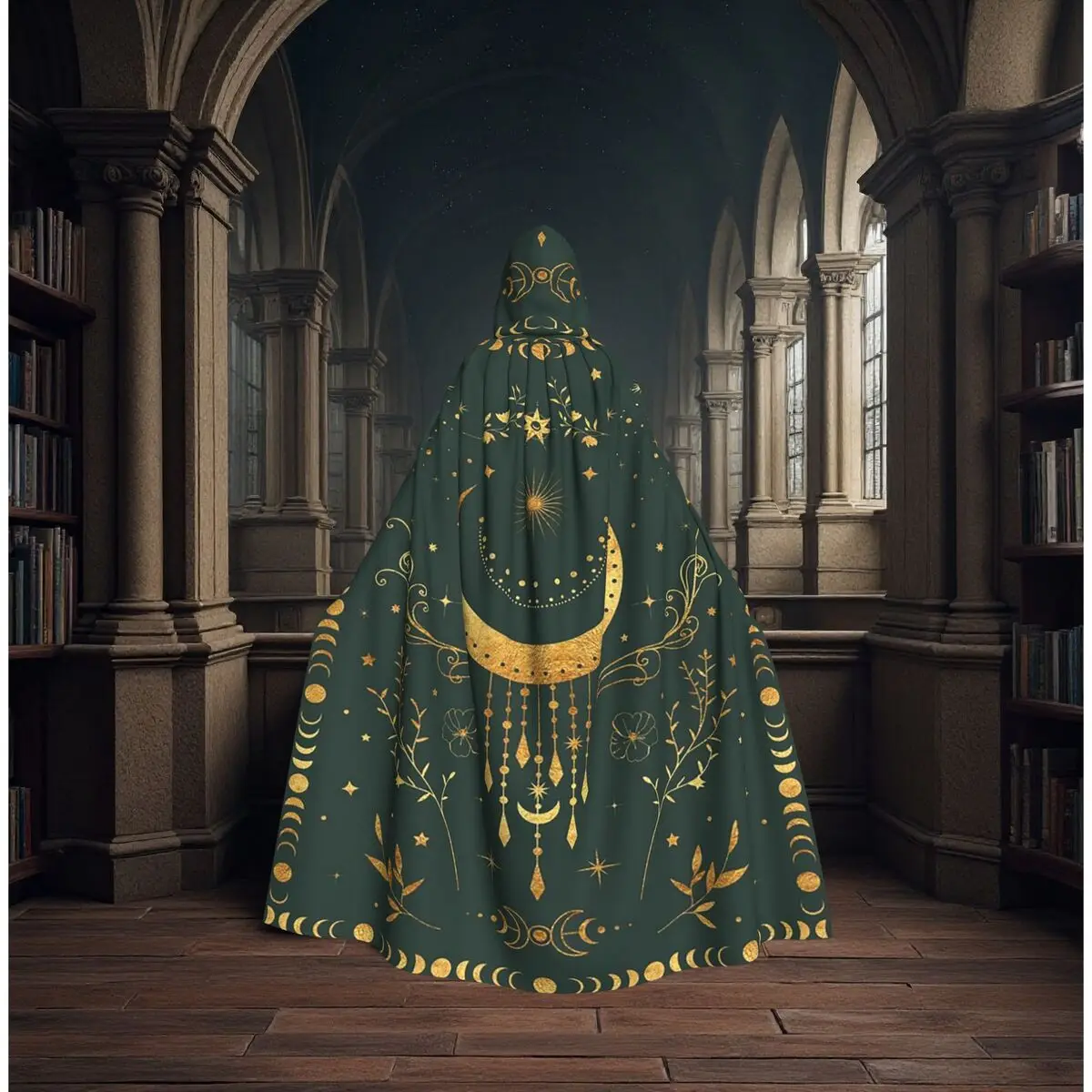 

Celestial Moon And Golden Floral Long Hooded Cloak Witch Medieval Costume Cosplay Cape HalloweenParty Adult Unisex