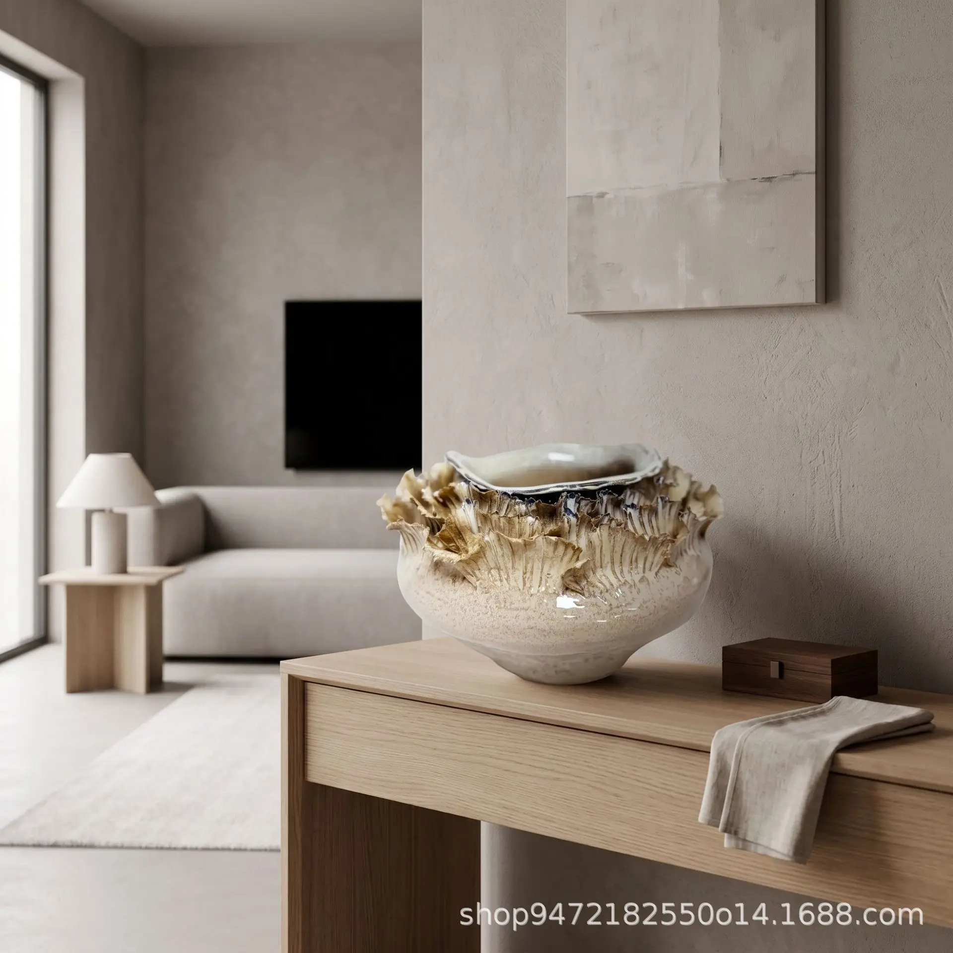 Off-white petal edge ceramic fruit plate, handmade flow glaze coffee table ornament