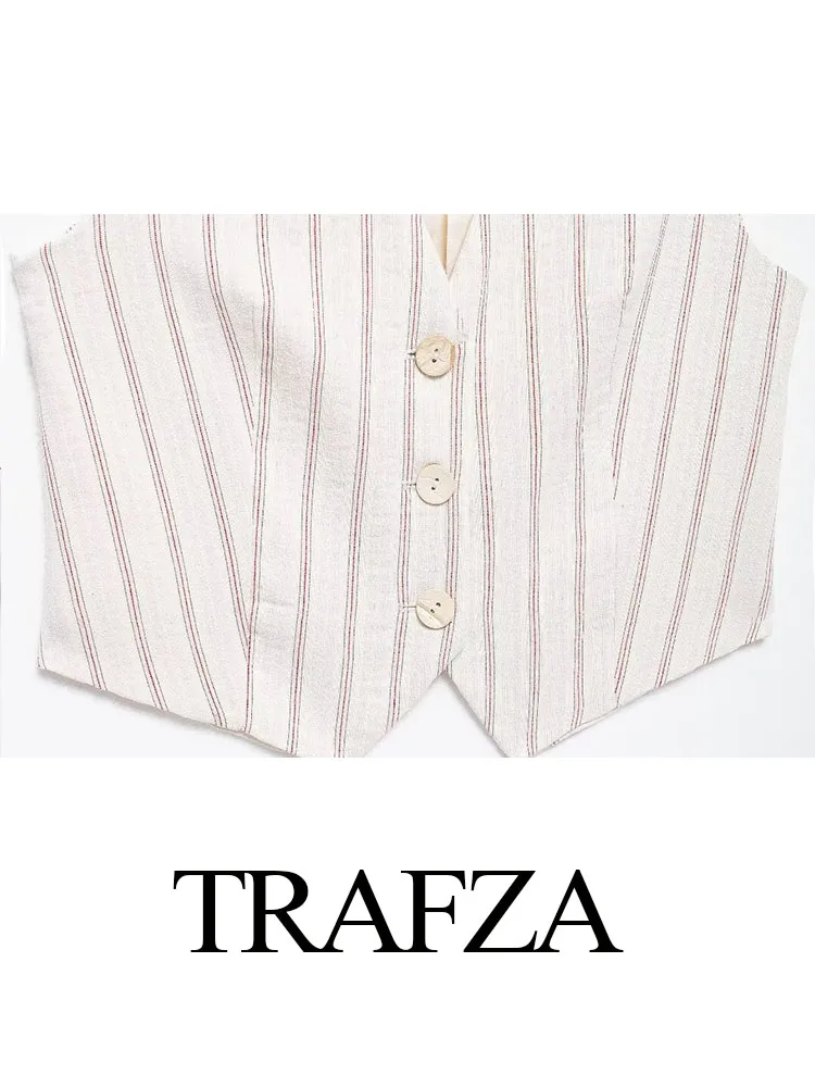 TRAFZA 여성용 스트라이프 세트 V넥 짧은 조끼 탑 + 벨트 포켓 지퍼 포함, 캐주얼 와일드 여성 미니 반바지, 2024 여름 패션