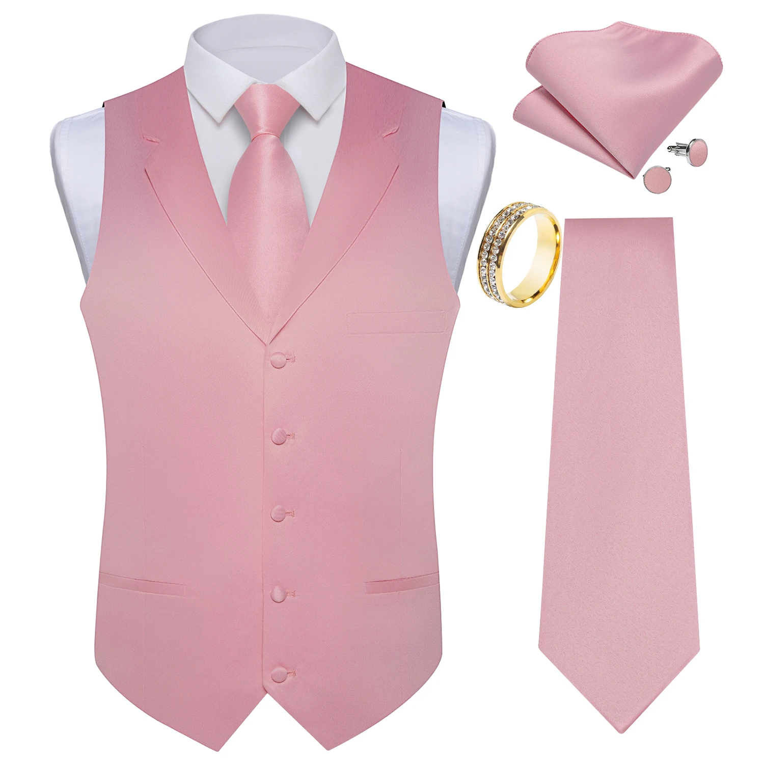 Blush Notch Lapel Satin Waistcoat 5-In-1 Kit Tie Square Cufflinks Decor Ring For Bridal Party Wedding Guest