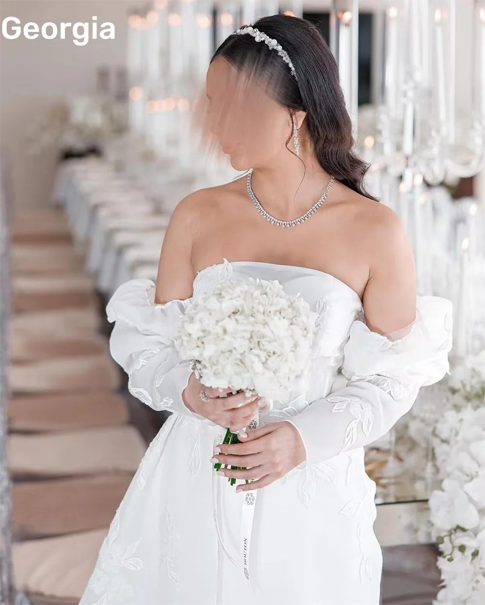 Elegant Evening Dresses Customize Flowers Strapless Floor-Length Dresses For Special Events Zipper Up Mini Long Sleeves Vestidos