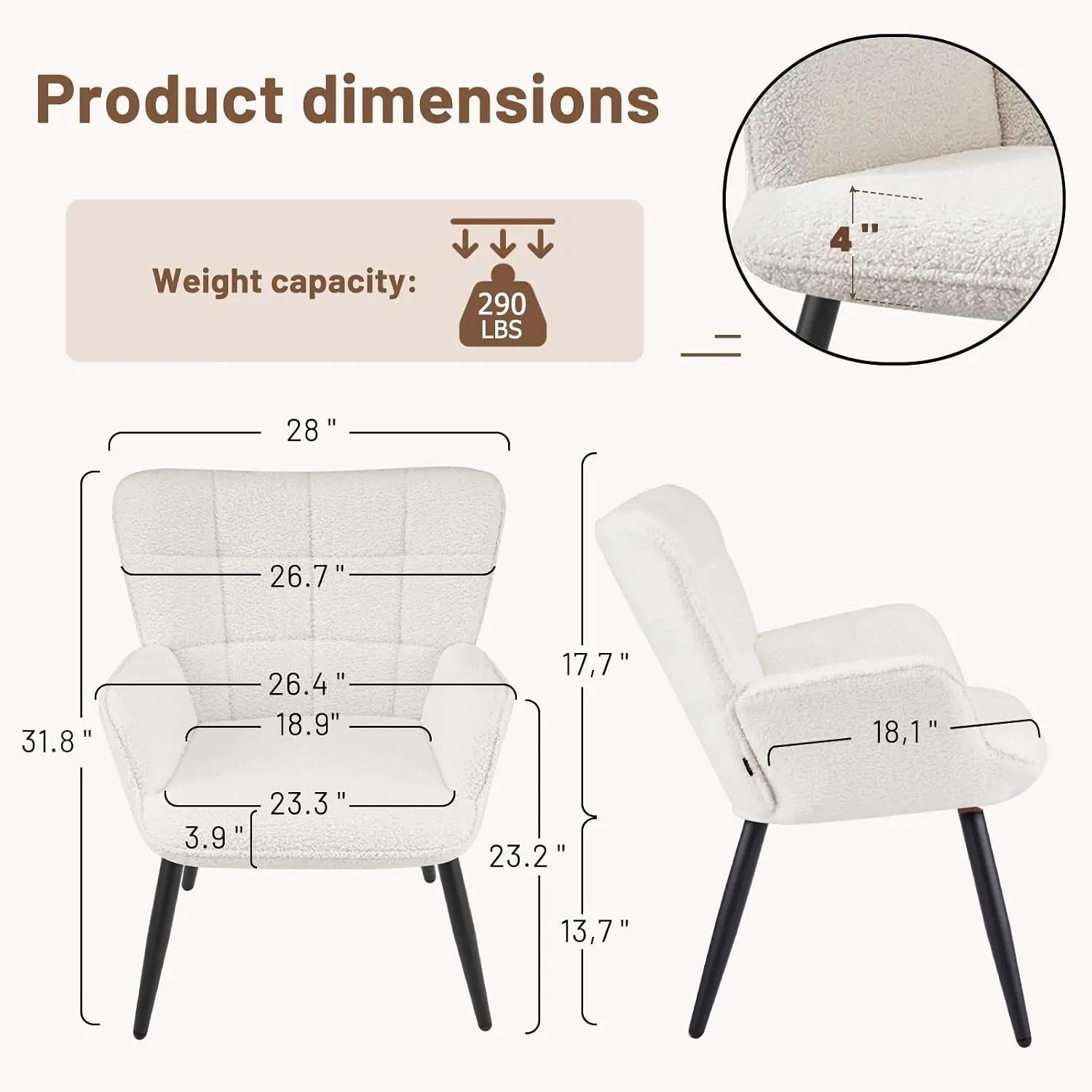 Accent Chair with Backrest & Metal Legs, Comfy Wingback Armchair for Living Room Bedroom Office, White, Customized