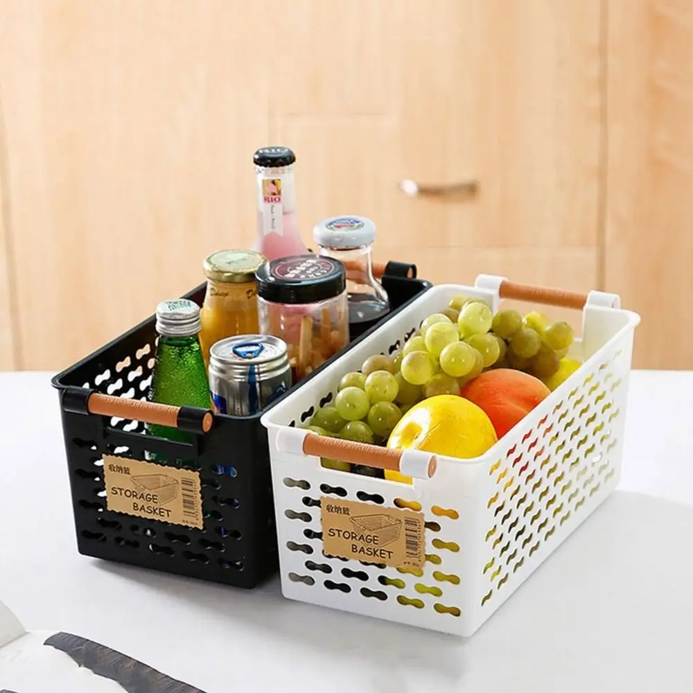 

Plastic Hollow Out Storage Basket White/Black Ventilated Sundries Storage Basket with Handle Space-saving