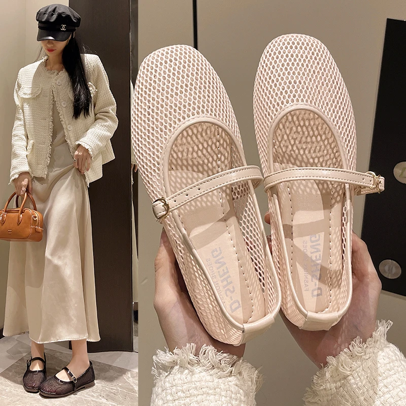 

Mesh Mary Jane Shoes for Women 2024 Spring New Niche Round Toe Shallow Mouth Flat Ballet Shoes Women Sandals