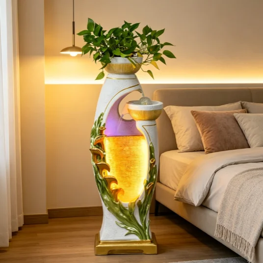 Decorative Freestanding Water Feature Planter Indoor Outdoor Home Garden Water Ornament Embossed Leaf