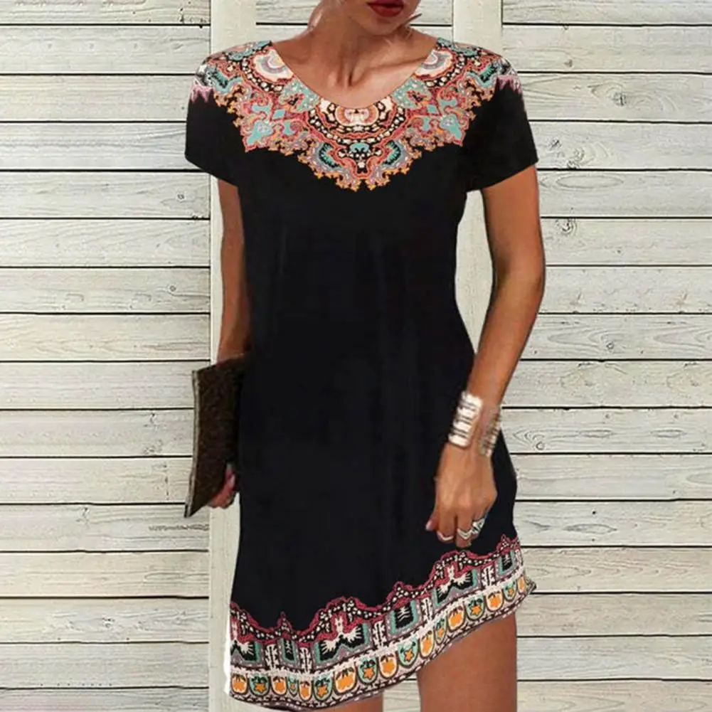 Fashion Ethnic Style Dress O Neck Embroidery Flowers Bohemia Mid Dress Femme Vintage Casual All-match Streetwear for Dating