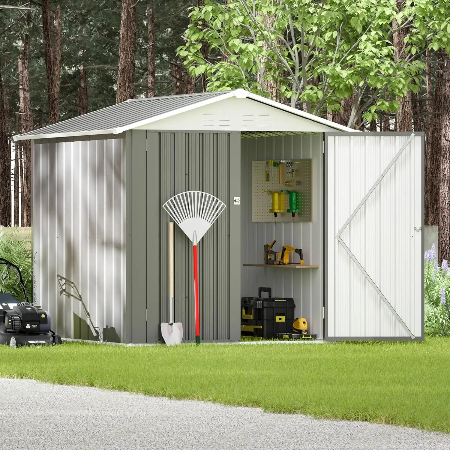 

Outdoor Storage Shed, 7x5 FT, Garbage Can, Outdoor Metal Shed for Tool, Garden, Bike