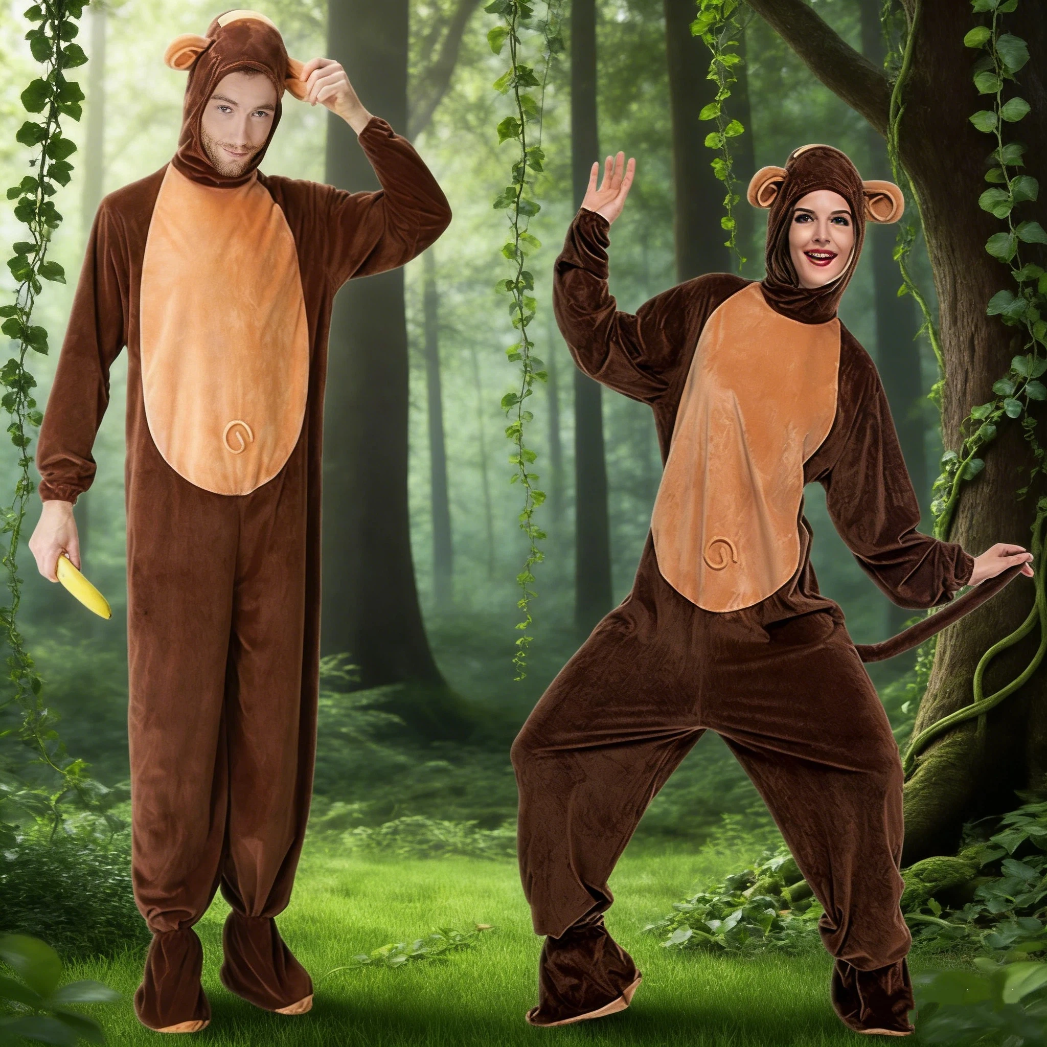 

Men's Women's Couple Pajamas Set Animal Brown Monkey Cosplay Role Playing Costume Funny Show Jumpsuit Adult Home Warm Set