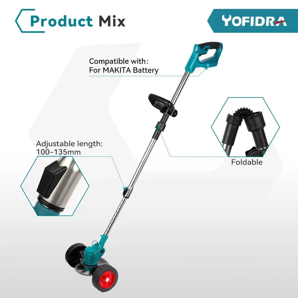 Yofidra 12000RPM Electric Folding Lawn Mower Cordless Length Adjustable Handheld Garden Power Tools For Makita 18V Battery