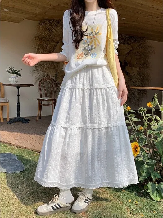 

plus Size Soft Style White High Waist Loose A-Line Skirt Spring Summer New Design Sense Splicing Skirts Women's Fashion