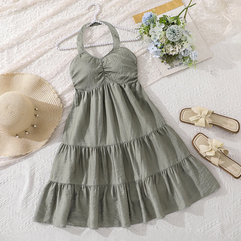Girls 8-12 Casual Dress, Sage Green Halter Neck Smocked Back Tiered Midi Dress, Fresh and Elegant for Daily Summer Wear