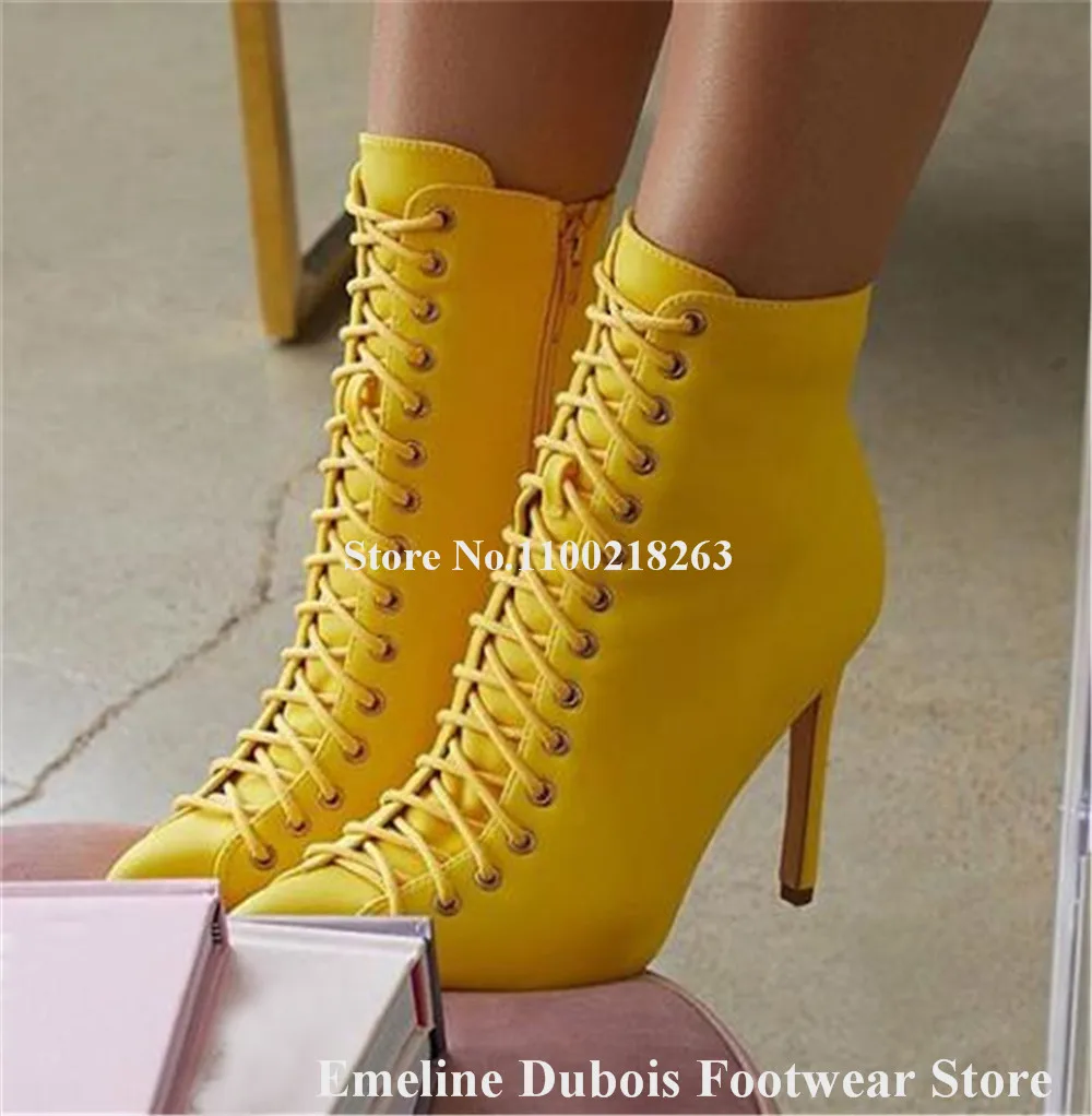 Yellow Suede Short Boots Emeline Dubois Charming Pointed Toe Lace-up Stiletto Heel Ankle Booties Party Dress Heels