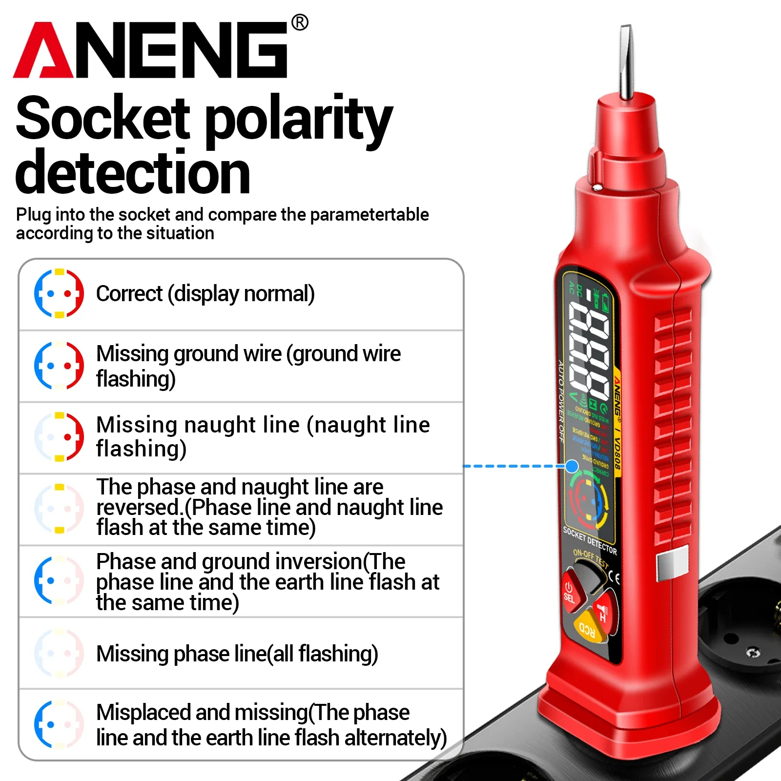 ANENG VD808 Socket Polarity Detector 2-440V AC Voltage Detection Zero Live Wire Leakage Tripping Test Electrician Detection Tool