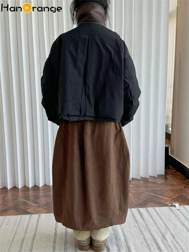 HanOrange 2024 Winter Fake Lambswool Collar Horn Button Padded Jacket Women Loose Silhouette Short Down Jacket Black