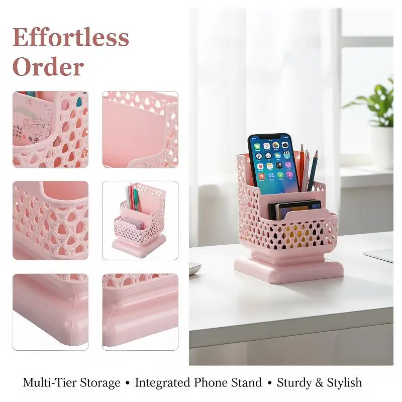 Plastic Hollow Multi Compartment Pen Holder With Phone Stand Slot For Home Office School Desktop Storage