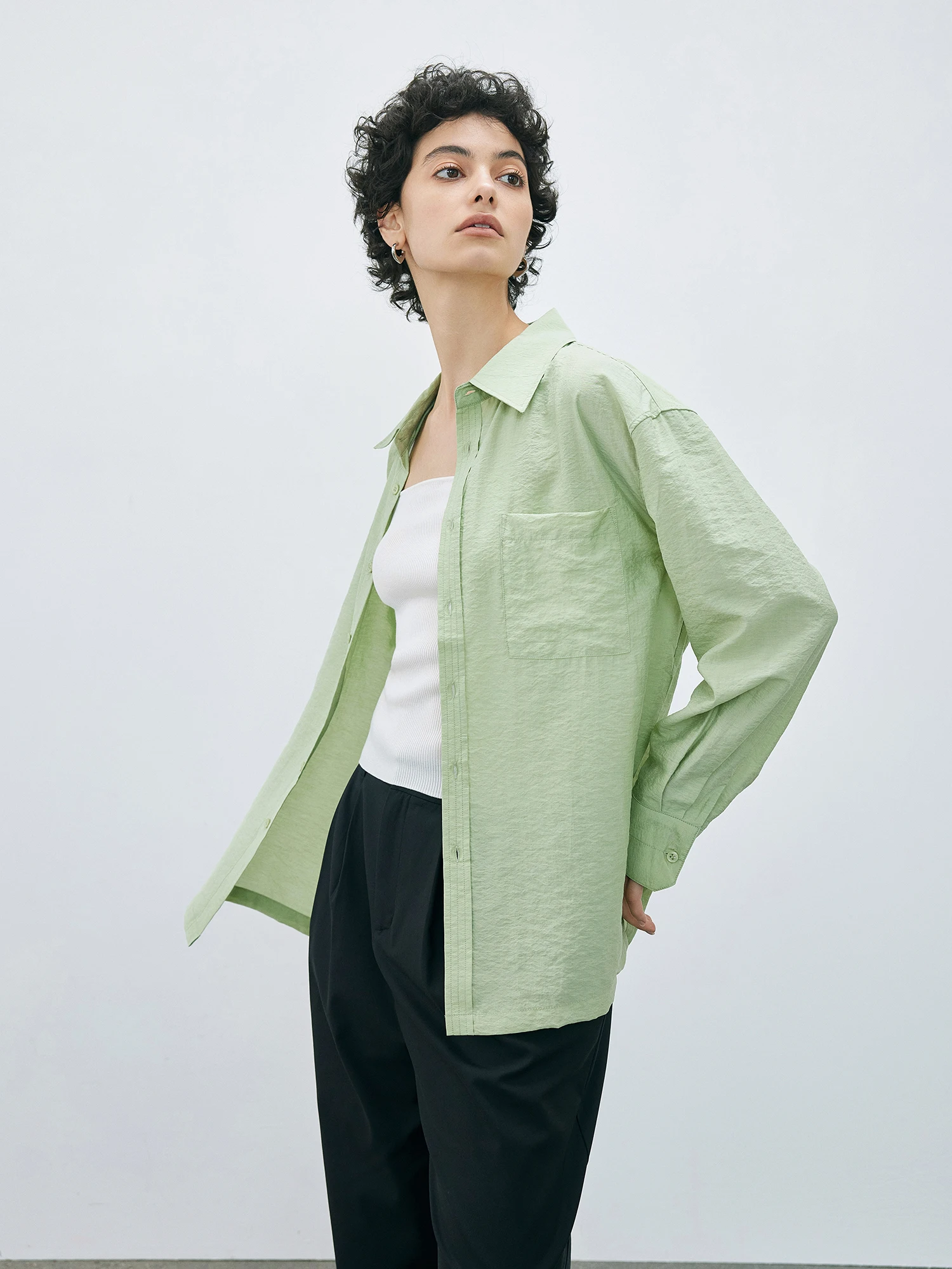 

LPBC Green Silk Long Sleeve Shirt Loose Silhouette Women's Premium Feel Commute Style Fashion Spring 2024 Pure Color