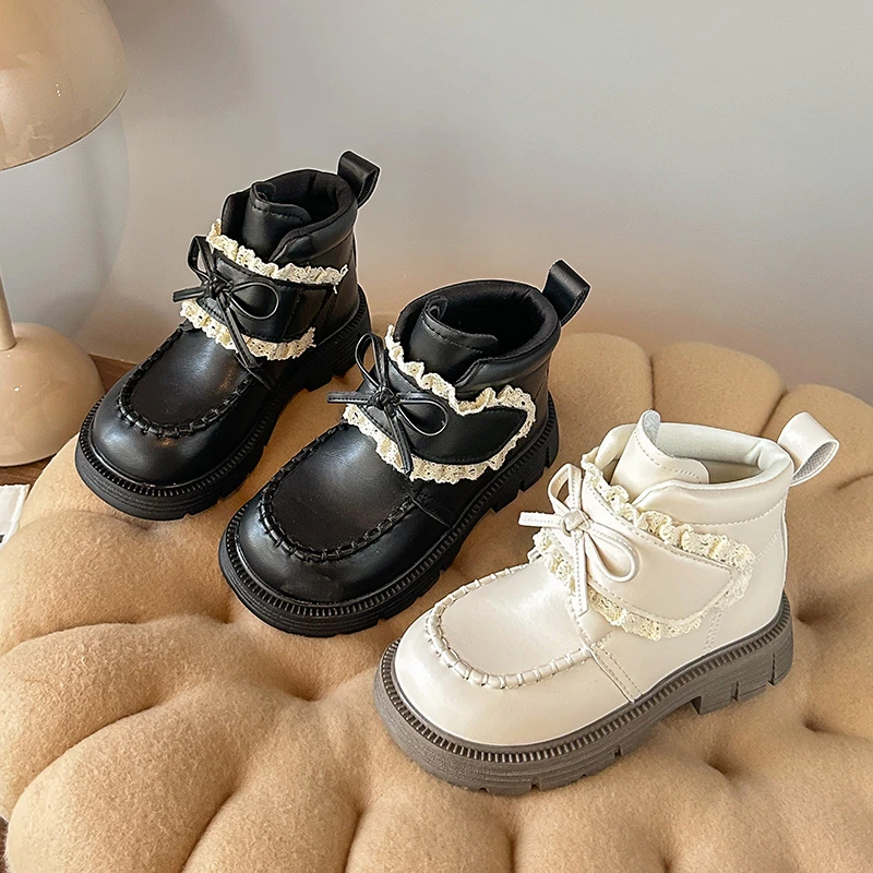 

Autumn Fashion Boots For Girls PU Leather Waterproof Teenager Girl's Boots Korean Style Lace Princess Footwear For Girls