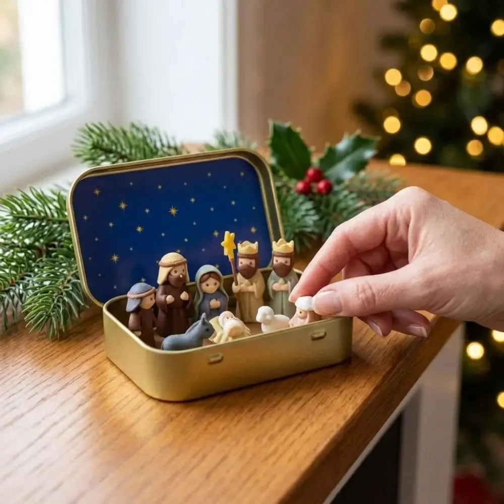 Metal Tin Box Mini Christmas Trough Set Hand Painted Holy Family Nativity Manger Scene Kit Shepherd Animal 3D Printed