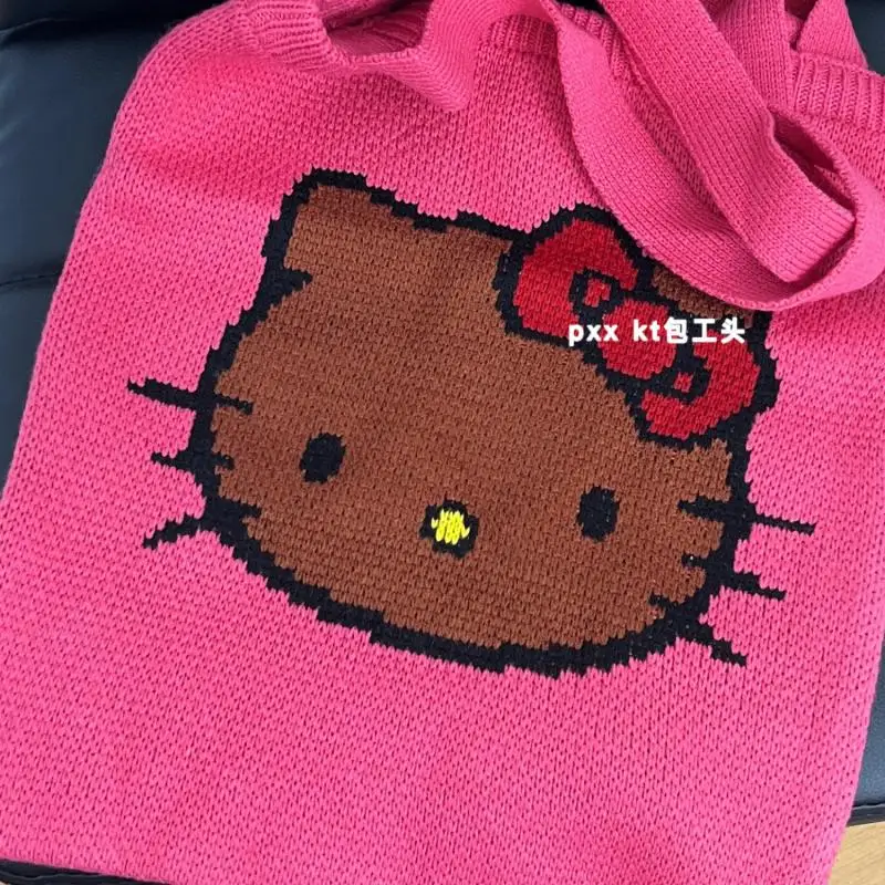 Sanrio Animation Hello Kitty Cute Shoulder Bag Kawaii Y2K Handmade Knitted Bag Cartoon Fashion Shoulder Bag Girl Birthday Gift